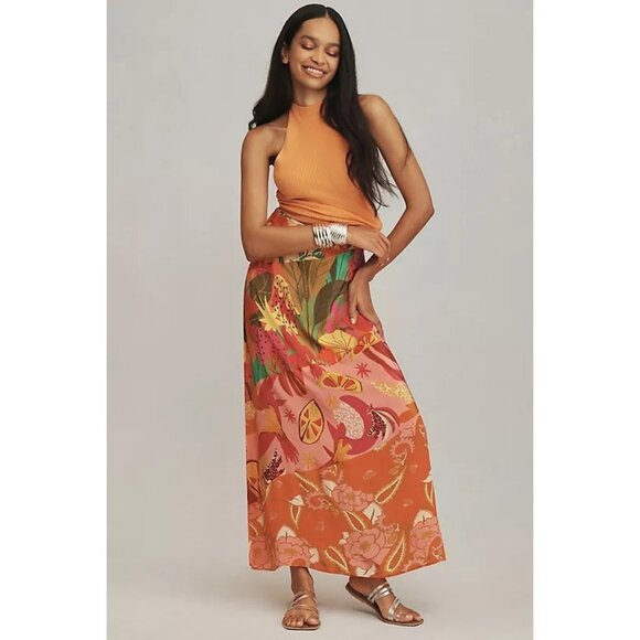 NWT Farm Rio X Anthropologie Tropical Floral Print Skirt SZ L Orange Florals - Picture 1 of 12